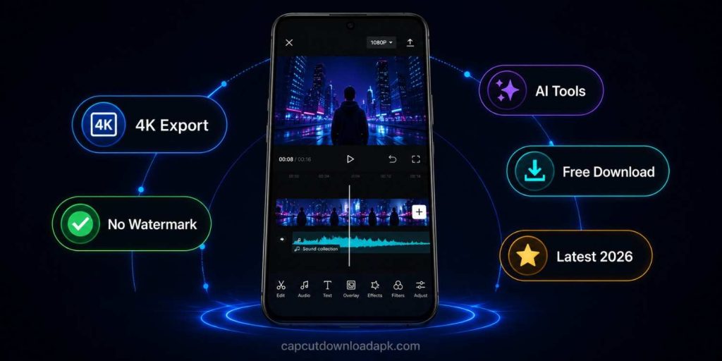CapCut app download banner showing smartphone with video editing interface and feature badges including 4K Export, No Watermark, AI Tools, Free Download, Latest 2026.