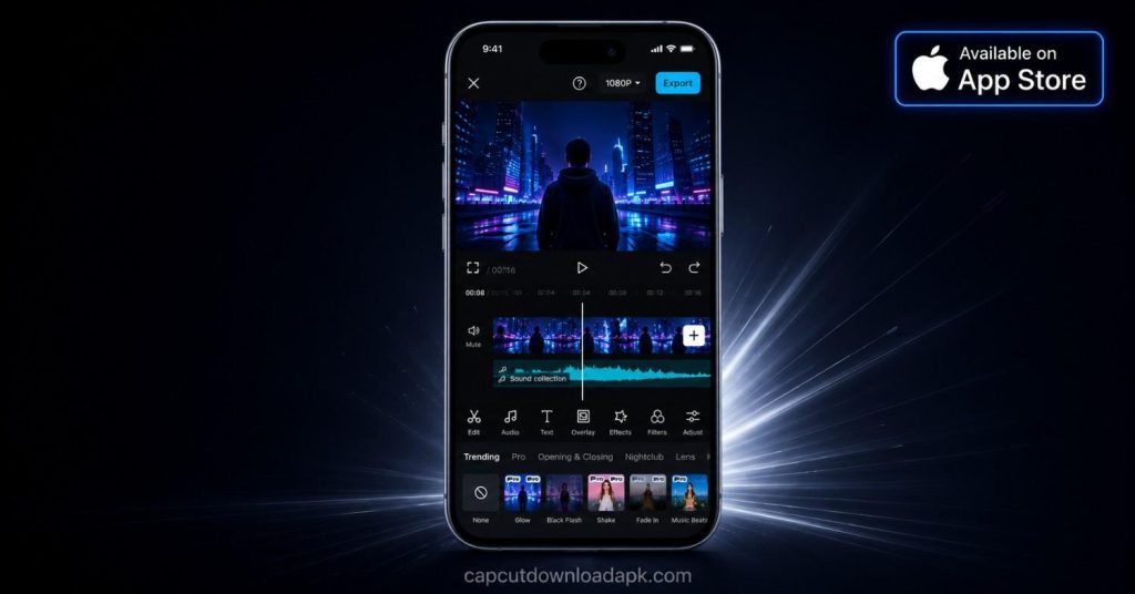 CapCut download iPhone showing app on iOS device with App Store badge and video editing timeline interface in dark theme.