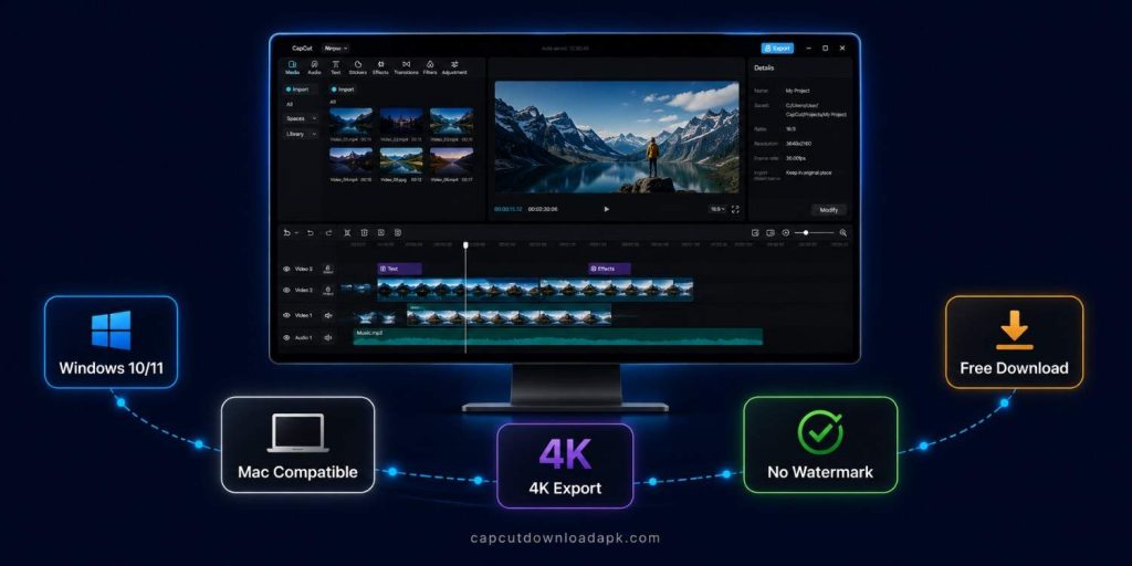 CapCut download PC showing desktop monitor with professional video editing interface, Windows 10/11 badge, Mac Compatible badge, 4K Export and No Watermark labels.