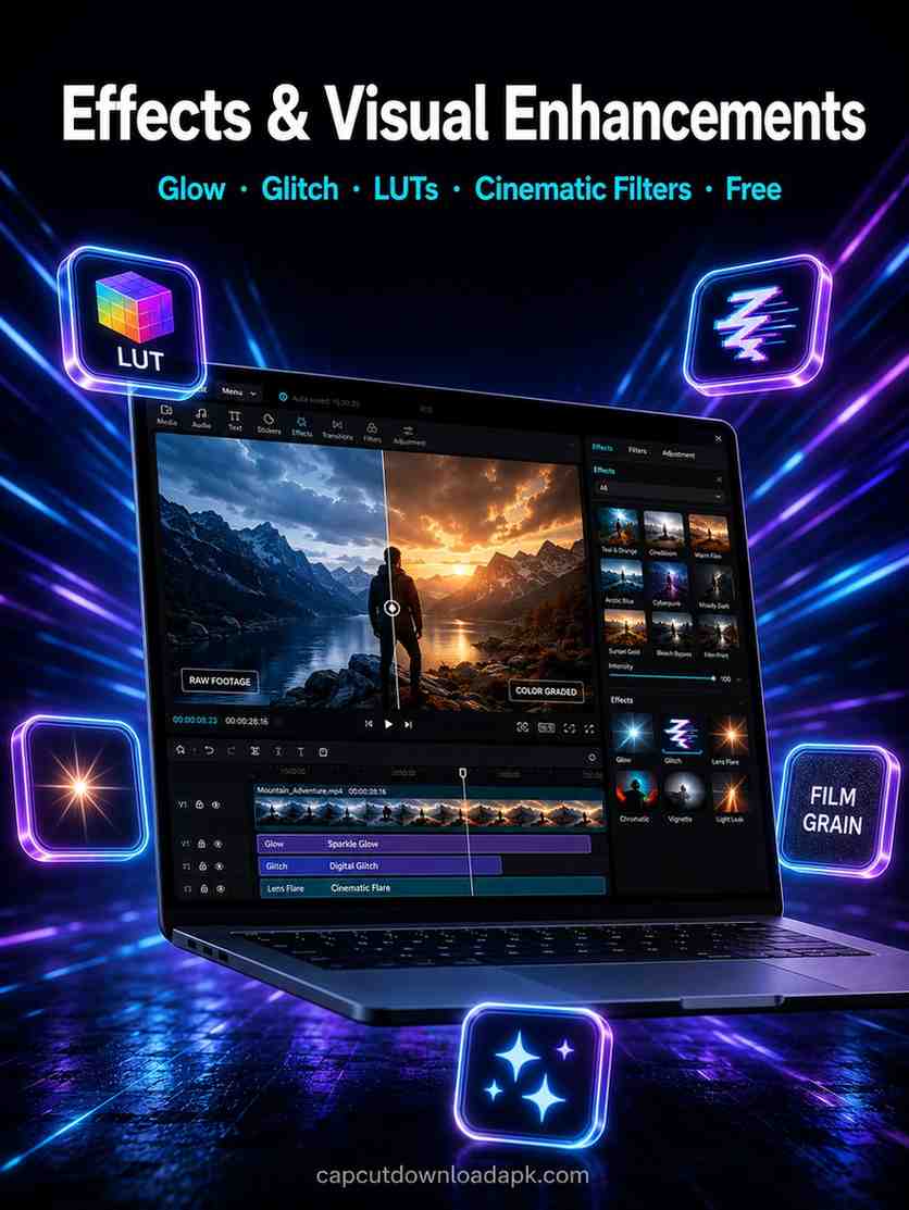 CapCut download PC showing effects and visual enhancements with split screen color graded video LUT presets glitch badge and cinematic lens flare icons on dark laptop screen.