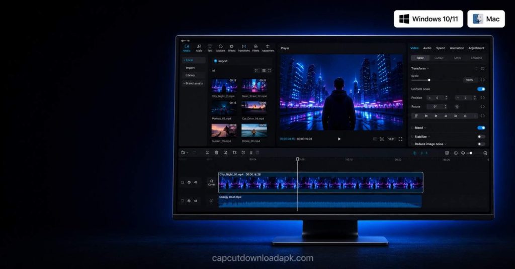 CapCut for PC full desktop interface showing widescreen monitor with multi-track timeline, media library, and player panel with Windows 10/11 and Mac badges.