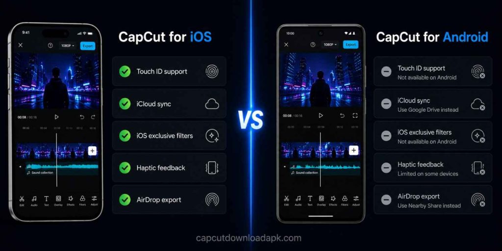 CapCut iOS vs Android comparison showing iPhone and Android phone side by side with feature checklist including Touch ID support, iCloud sync, iOS exclusive filters, haptic feedback, and AirDrop export.