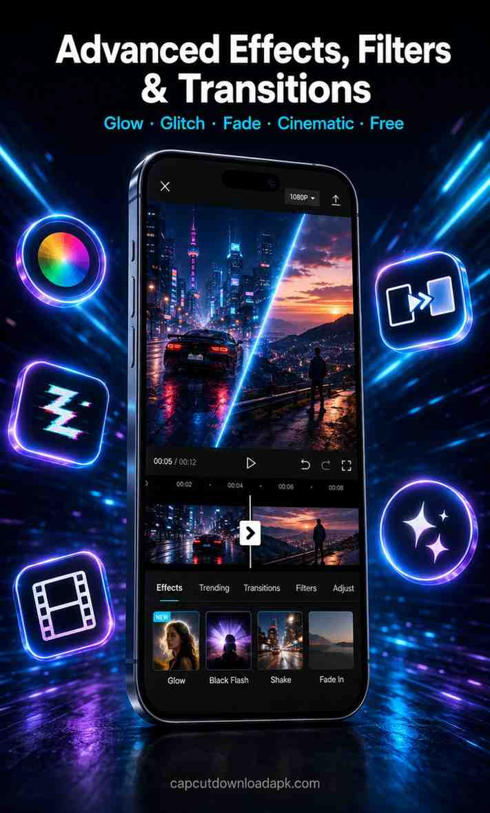 CapCut iPhone app showing advanced effects filters and transitions including Glow, Black Flash, Shake and Fade In with glowing 3D icons on dark navy background.