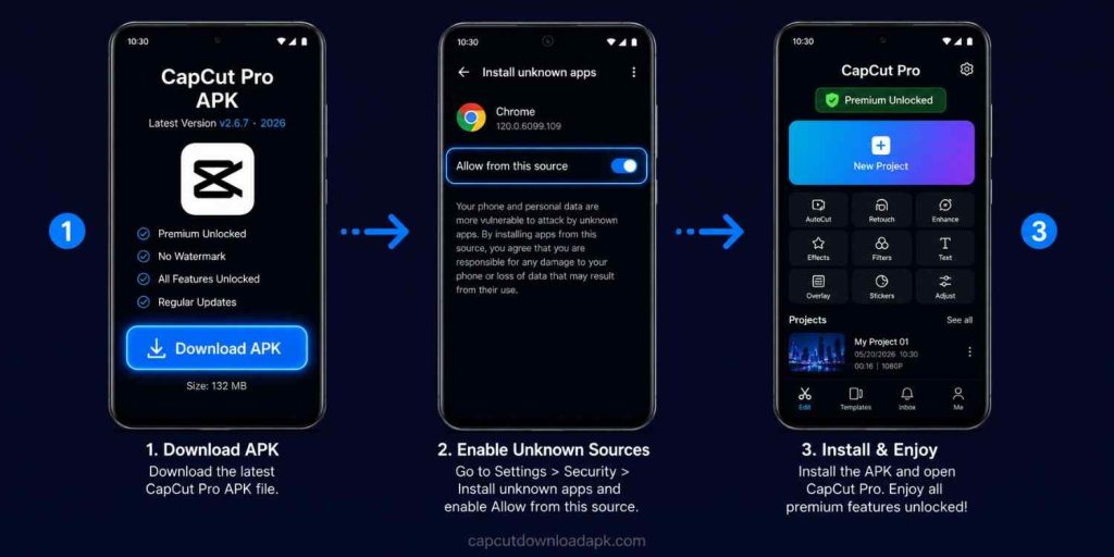 CapCut mod APK installation guide showing 3 steps: download APK file, enable unknown sources in Android settings, then install and enjoy premium unlocked features.