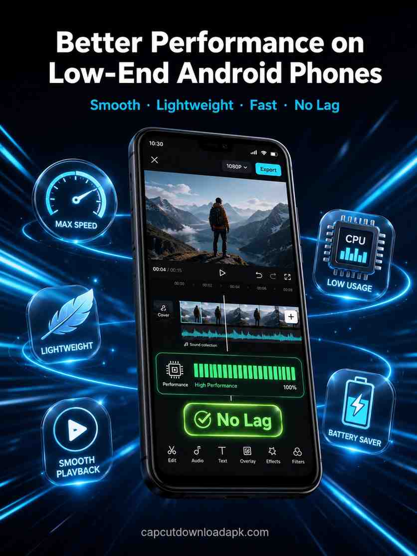 A mobile device showing low CPU usage, battery saver mode, and lag-free playback after a CapCut mod apk download old version.