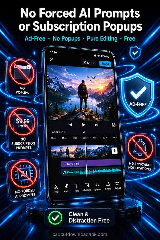 A mobile screen displaying an ad-free interface of CapCut mod apk old version with no popups or forced AI prompts.