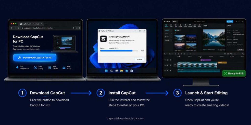 CapCut PC download step by step guide showing three laptops: download page, Windows 11 installer at 72 percent, and final CapCut PC interface with Ready to Edit badge.