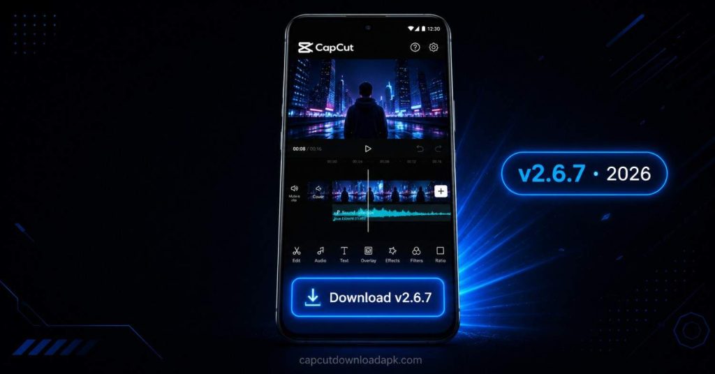 CapCut Pro APK download featured image showing Android phone with CapCut interface and glowing version badge v2.6.7 2026 with Download button on screen.