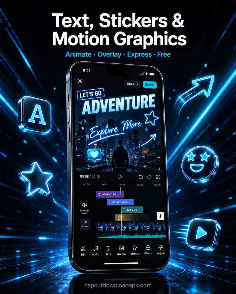 CapCut Pro download iPhone showing text stickers and motion graphics with animated text overlays on iPhone screen and glowing 3D icons of letter A star emoji and play button on dark blue background.
