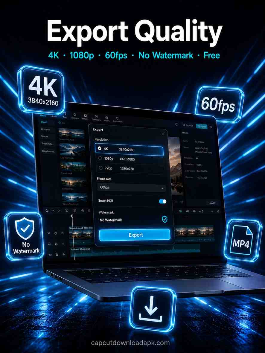 CapCut PC download showing export quality settings with 4K resolution selected 60fps frame rate no watermark shield badge and download arrow icons on dark laptop screen.