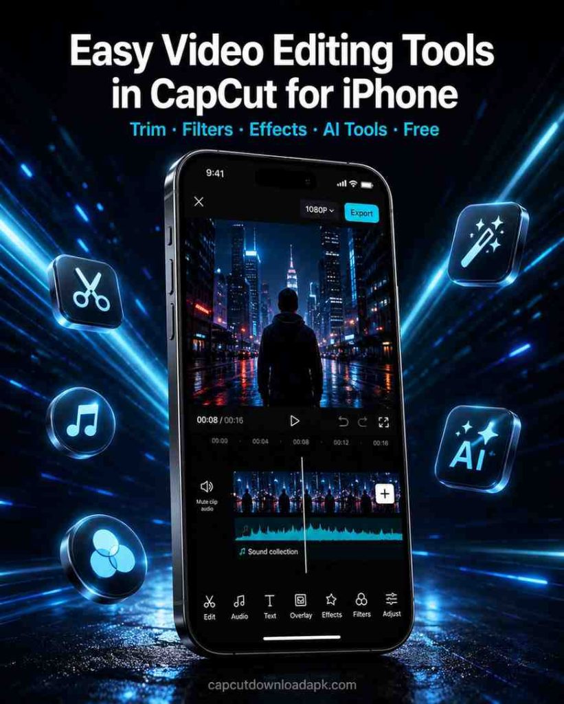 CapCut for iPhone showing easy video editing tools with scissors trim icon music note AI badge and filter icons floating around iPhone with dark blue cinematic background.
