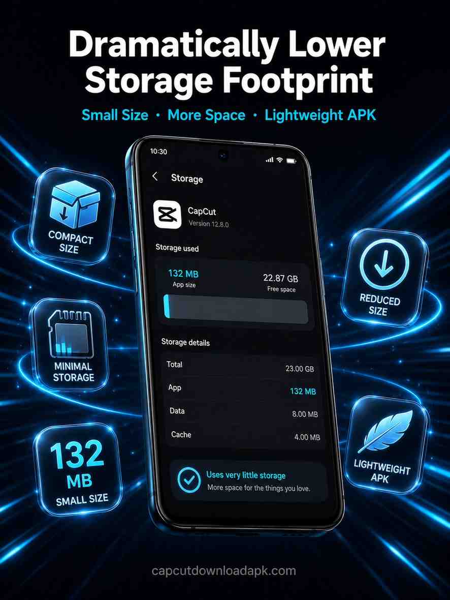 A phone storage settings menu displaying a minimal 132 MB file app size for a CapCut old version apk download.