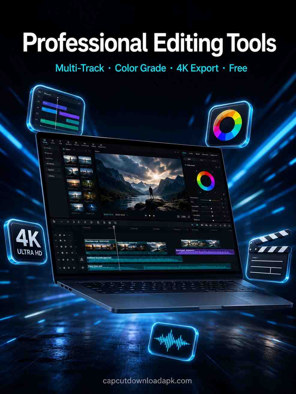 CapCut for PC showing professional editing tools with multi-track timeline color grading panel and 4K export on a dark themed laptop screen with glowing cyan icons.