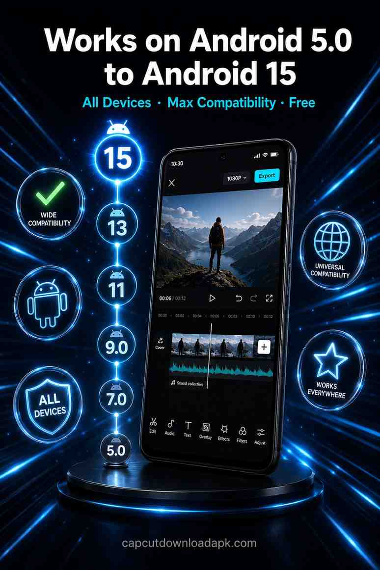 An infographic illustrating CapCut pro old version apk compatibility across all mobile devices from Android 5.0 up to Android 15.