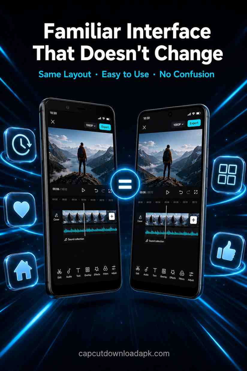 Two smartphones side-by-side demonstrating the familiar, easy-to-use, and unchanged classic layout of CapCut old version.