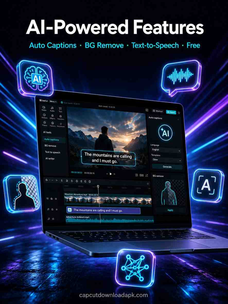 CapCut Pro for PC showing AI powered features including auto captions background removal and text to speech with glowing AI brain circuit icons and electric purple cyan light on dark laptop screen.