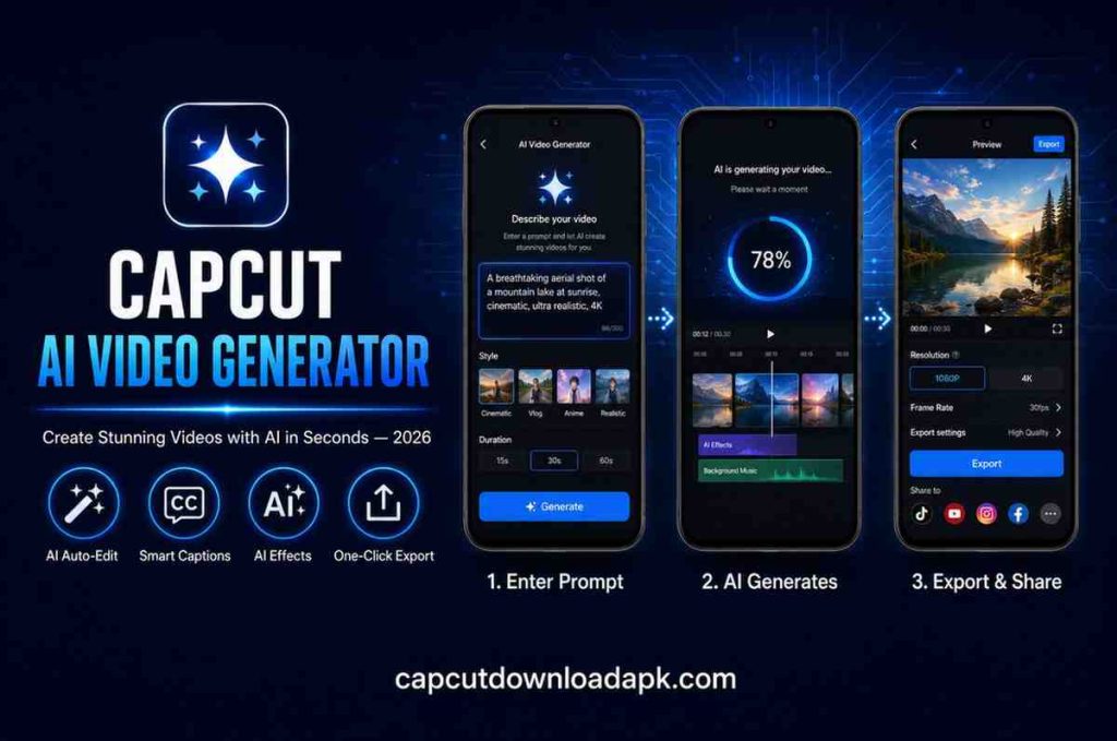 CapCut AI video generator showing smartphone interface with AI prompt input, 78% generation progress and 4K export badge.