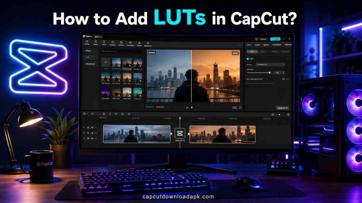 How to add LUTs in CapCut tutorial screenshot showing color grading panel?
