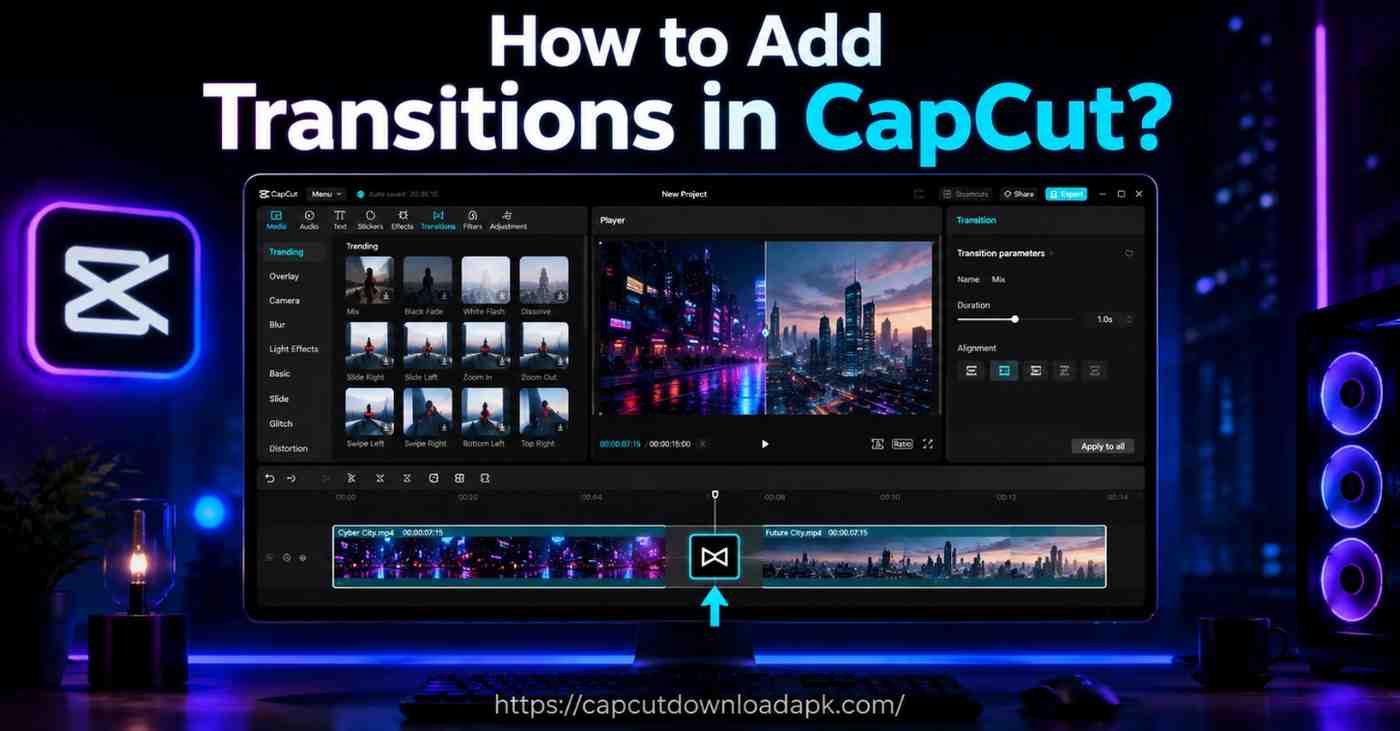 CapCut desktop interface showing transition icon added between two video clips on the timeline.
