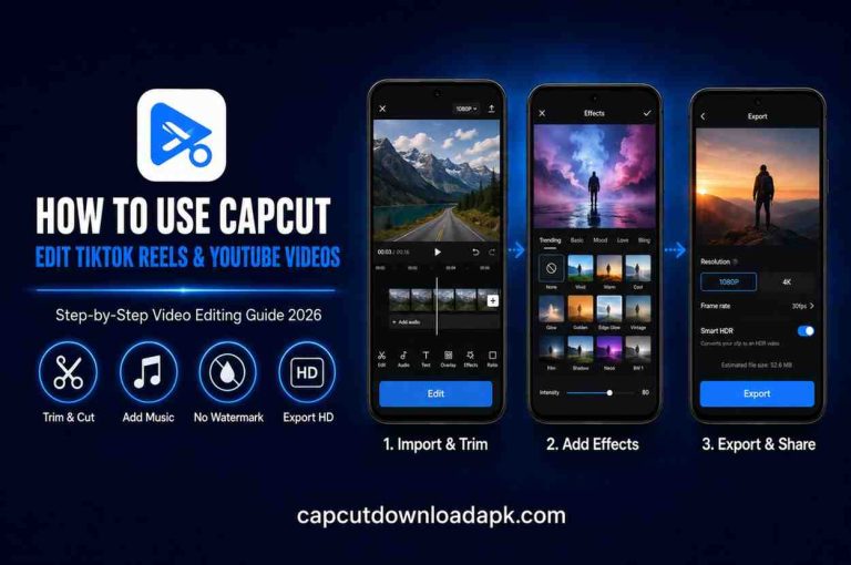 CapCut video editing tutorial showing 3-step process of import and trim, add effects, and export for TikTok and YouTube videos,