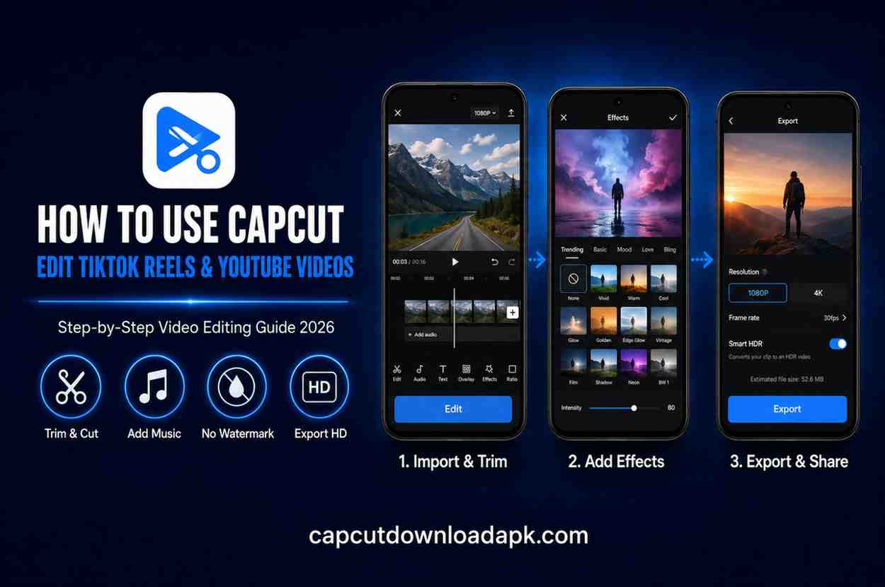 CapCut video editing tutorial showing 3-step process of import and trim, add effects, and export for TikTok and YouTube videos,