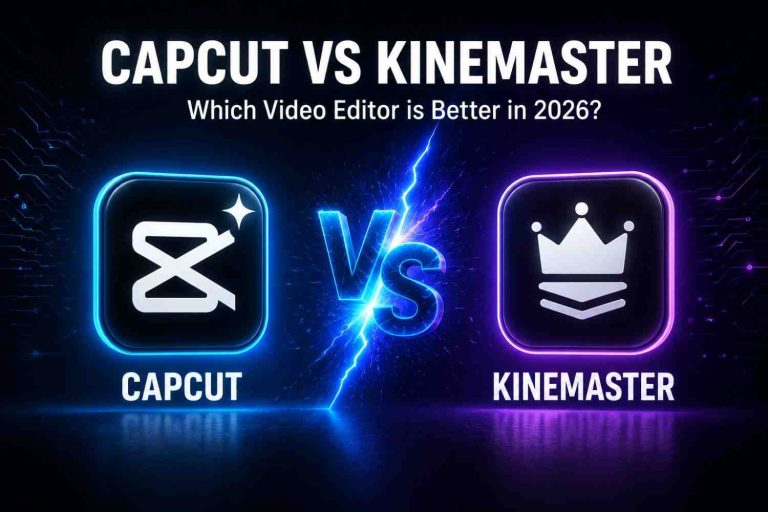 CapCut vs KineMaster video editing app comparison banner.