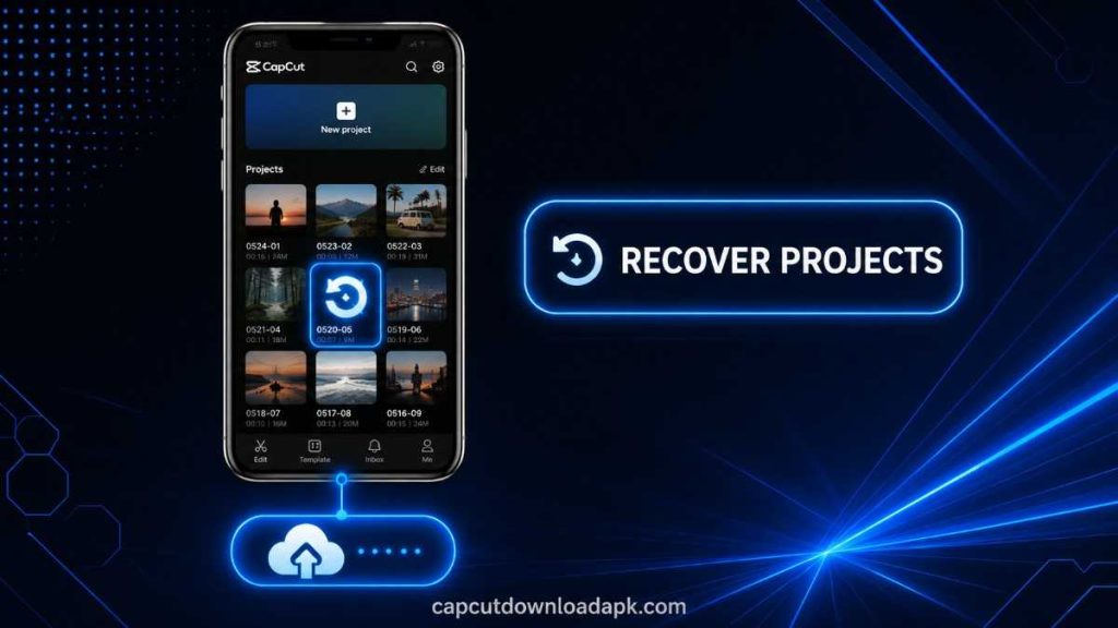CapCut app project list showing a deleted project being recovered via cloud backup
