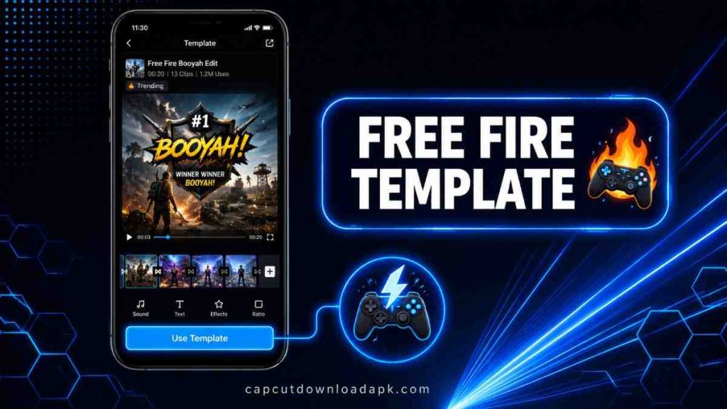 CapCut Free Fire Booyah template preview showing gaming footage and victory banner