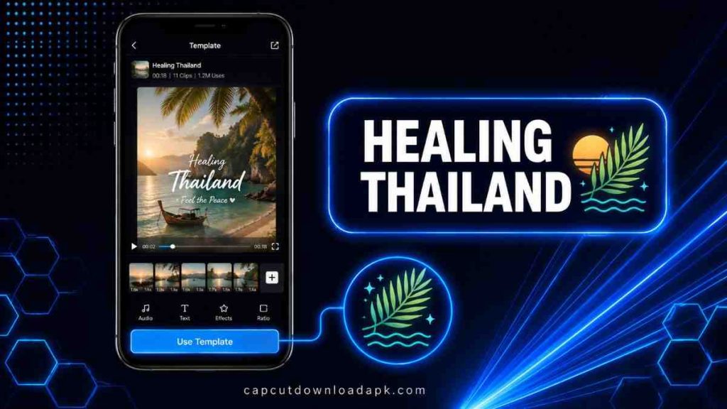 CapCut Healing Thailand template preview showing a peaceful beach and sunset scene