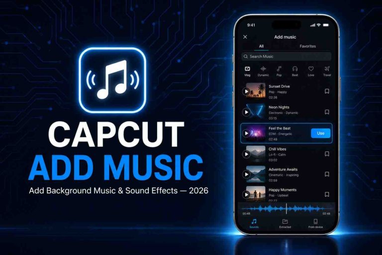 CapCut app interface showing how to add background music to a video.