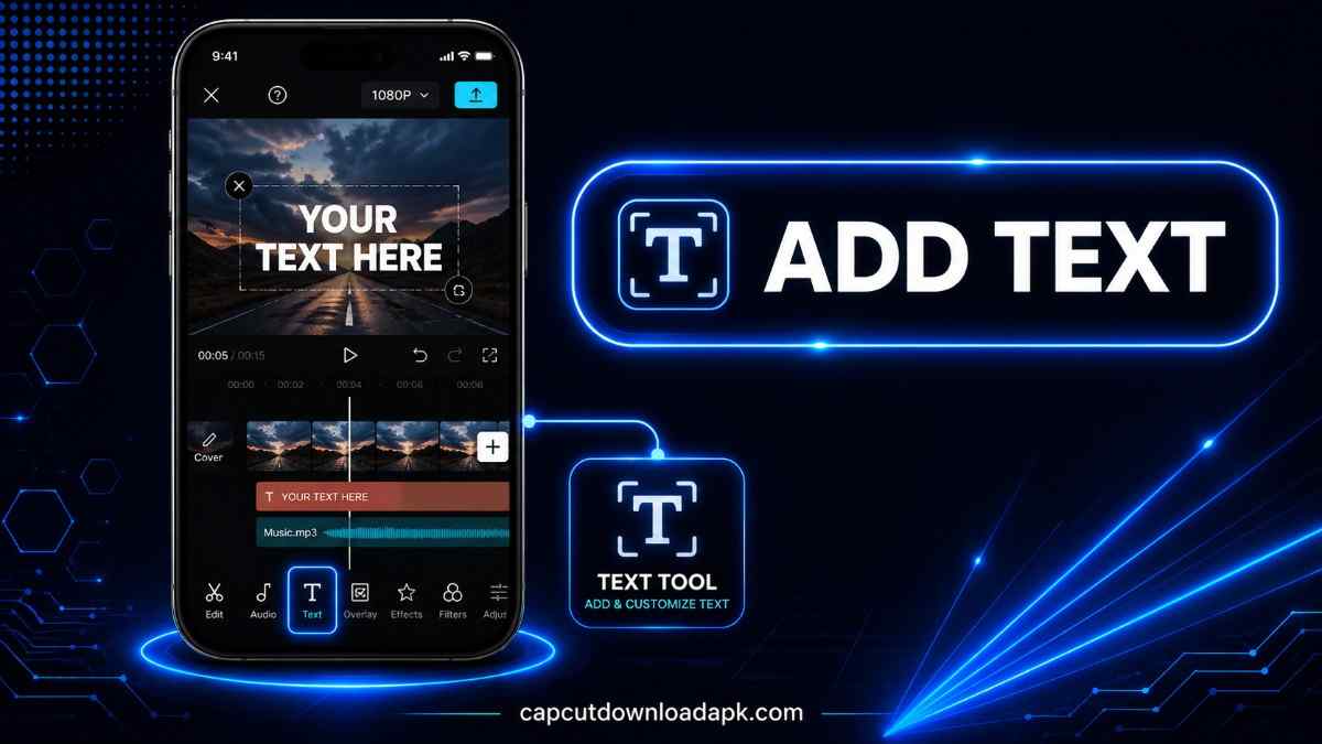 CapCut video editing screen showing the text tool being used to add captions